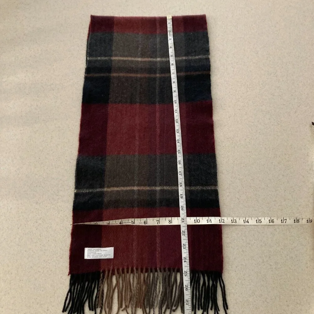 100% Cashmere Long Scarf Black Gray Maroon Plaid EUC